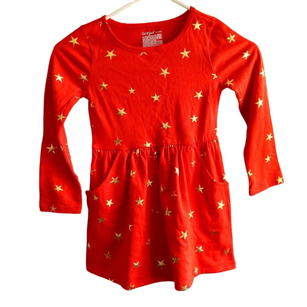 Cat & Jack  Two front pockets  Size X Small  (4/5) Girls Red Star Print Dress